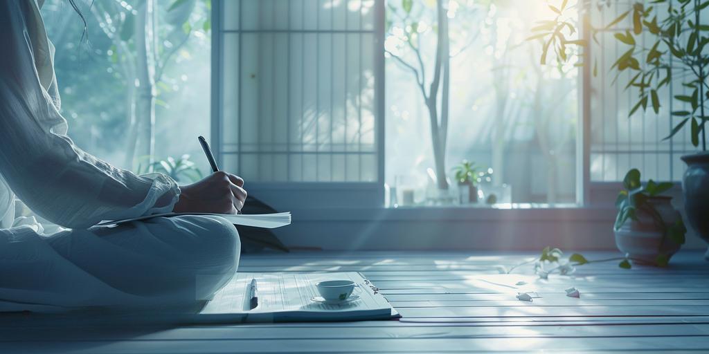 Eine Person meditiert auf einem Felsen am Wasser, umgeben von einer warmen, abstrakten Aquarell-Landschaft, die ein Gefühl von Frieden und Metta ausstrahlt.